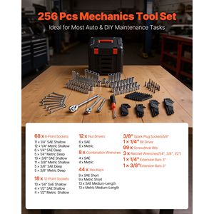 Set di Attrezzi per Riparazione Auto da 256 Pezzi, Kit Meccanico con Chiavi a Bussola SAE e Metriche da 1/4, 3/8, 1/2 Pollici, Cacciaviti - Product Image 3