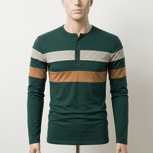 Mens Dark Green Henley Shirt Long Sleeve Color Block T Shirts Fashion Striped Cut Sew Cotton Knit Casual Pullover Tee Shirts - Product Image 5