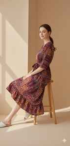 Vestido Midi Moderno y Sencillo para Mujer, con Tirantes Finos, Estampado Abstracto, Corte en A, Casual, con Botones, Azul, Transpirable, 100% Poliéster Natural - Product Image 2