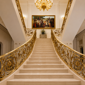 Barandilla de Escalera de Lujo en Oro, Balaustrada Curva Ornamentada, Pasamanos de Mármol para Escaleras, Diseño Interior para Mansiones, Villas y Hoteles - Product Image 1