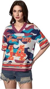 Jersey <b>Shirts</b> for Women Number Graphic Print Mesh Color Block V Neck Short Sleeve Football - Product Image 3