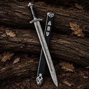 Couteau Bowie en acier Damas de 28 pouces, lame fixe de qualité industrielle à pointe clip et bord droit, avec étui noir et incrustation argentée - Product Image 3