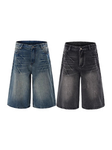 Shorts en jean vintage décontractés pour hommes, coupe ample, bleu foncé, avec logo personnalisé, broderie et impression - Product Image 5