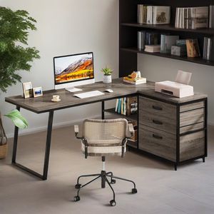 Reversible Corner 53-Inch Industrial L-Shaped <b>Desk</b> for Home Office 3-Drawers with Shelves for PC <b>Study</b> and Writing - Product Image 4