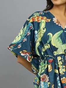 Caftán de algodón con estampado de pájaros indios, hecho a mano, para la playa, vestido de verano - Product Image 5