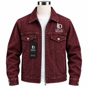 Veste en jean bordeaux pour homme OARH_INT INDUSTRY, coupe classique, fermeture éclair, broderie, couleur unie, style décontracté, pour l'automne - Product Image 1