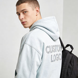 Sweat-shirts à capuche gris bleu clair tendance pour hommes, avec fermeture éclair, broderie de logo personnalisée, poche surdimensionnée, décontractés et confortables, sweats-shirts vierges - Product Image 4