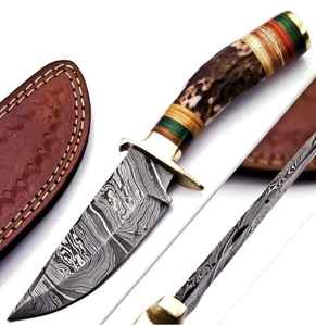 Cuchillo de bolsillo multiusos ligero de acero de Damasco de 6 pulgadas con cuerno de ciervo, personalizable al por mayor OEM/ODM para camping y bricolaje - Product Image 1