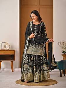 Conjunto de Salwar Kameez de Seda Negra Bordada con Dupatta, Traje Tradicional Indio para Bodas, para Mujer, Largo hasta el Suelo, Corte Regular - Product Image 2