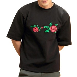T-shirt brodé de roses noires pour homme – Tee-shirt élégant en coton à motif floral, haut décontracté à manches courtes et col rond pour la mode streetwear - Product Image 4
