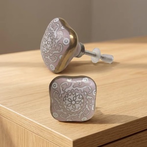 <b>Ceramic</b> Square Furniture <b>Knob</b> Purple Floral Traditional Design for Drawer Cabinet Handle Home Office Use Durable - Product Image 1