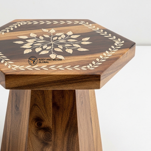 Industrial Style MDF & Solid Wood Accent <b>Stool</b> Hexagon Inlay End <b>Table</b> Sustainable Handmade Bedroom Entry Furniture - Product Image 2
