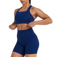 Vêtements de sport de qualité supérieure pour femmes, soutien-gorge de sport bleu, short de cycliste, ensembles de fitness athlétiques, deux pièces, 100% coton respirant