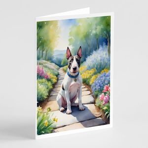 Whimsical A7 Tamaño 5x7 New Bull Terrier Spring Path Tarjetas de felicitación Paquete de 8 tarjetas de nota en blanco con sobres - Product Image 1