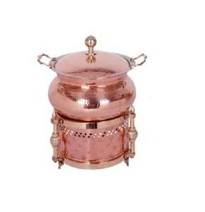 Marmite de service traditionnelle en laiton avec couvercle, corps arrondi, poignées latérales, support orné en treillis, chauffe-plats culturel pour buffet - Product Image 3