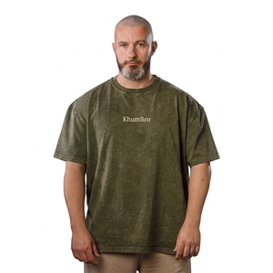 T-shirt en coton vert olive surdimensionné pour homme KhumBro, manches courtes, col rond, effet délavé, design géométrique - Product Image 1