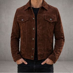 Veste en cuir véritable marron vintage classique pour homme, col rabattu, fermeture à boutons, vêtement d'automne, longueur normale, couleur unie - Product Image 1
