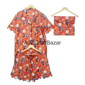 Conjunto de Pijama de Algodón 100% Puro, Lujoso, Elegante, Romántico, Clásico, para Vacaciones de Verano, con Estampado a Mano, Pantalones Cortos Tipo Canguro, Transpirable - Product Image 6