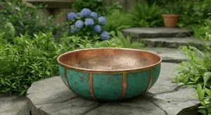 Outdoor <b>Large</b> Rounded Rustic Galvanized Green Patina and Copper Strip Design Outdoor Garden Rustic Planters Pots - Product Image 1