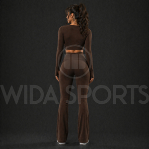 Ensemble de vêtements de sport pour femmes personnalisé, pantalon de yoga évasé, leggings taille haute, haut court à manches longues, vêtements de fitness pour la salle de sport - Product Image 2