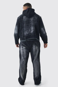 Ensemble sweat à capuche et jogging pour homme, délavé à l'acide, style streetwear, épais, bords bruts, survêtement assorti, vente en gros - Product Image 5