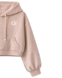 Ensemble crop top et short beige pour femme, broderie marguerite, ourlet à volants, tenue décontractée deux pièces en molleton de coton, fabricant en gros - Product Image 2