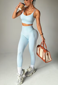 Ensemble sportif 2 pièces bleu clair pour femme, tricoté, sans manches, avec leggings longs respirants, coupe régulière, color block - Product Image 6