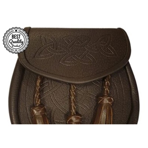 Nom du produit — 128 Characters  Pochette écossaise Sporran en cuir véritable marron de qualité supérieure avec motif de nœud celtique en relief et pompon - Product Image 3