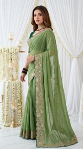 <b>Green</b> Embroidered <b>Silk</b> Saree <b>Blouse</b> for Women Wedding Traditional Indian Pakistani Style Floor Length Regular Fit Sun Protection - Product Image 3
