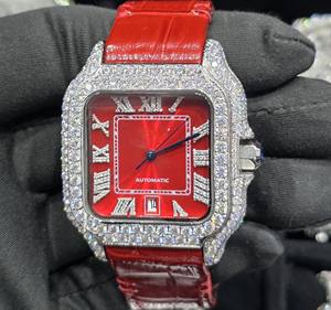 Montre Hip Hop de Luxe Unisexe Entièrement Sertie de Pierres et Bracelet en Acier Inoxydable Rouge Corodile, Mouvement Mécanique de Haute Qualité avec Véritable Moissanite - Product Image 4