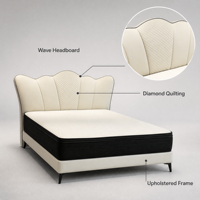 Base de Cama Moderna Tapizada en Color Marfil con Cabecero Ondulado, Panel Acolchado con Diseño de Diamantes, Borde de Colchón Negro Mate, Cama de Madera Sólida