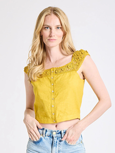 Top corto da donna senza maniche in cotone con bottoni frontali in pizzo all'uncinetto, top casual estivo giallo - Product Image 6
