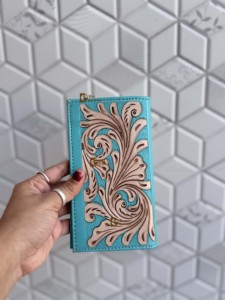 Hottest Arrival Genuine Leather Men's Long Wallet Hand Tooled Carving Fashion Stylish Turquoise <b>Colour</b> Cash <b>Card</b> Holder Unisex - Product Image 3