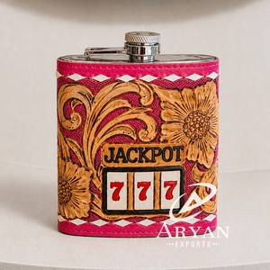Nouvel Arrivage – Flasque en Cuir Façonnée à la Main 7oz avec Embout en Acier Inoxydable, Design Jackport de Haute Qualité, en Cuir de Vachette Véritable, Unisexe - Product Image 1