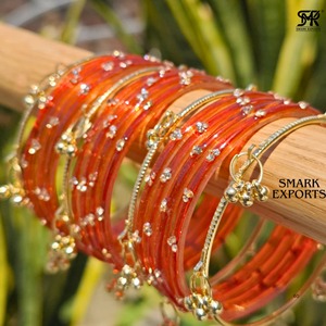 Stylish Handmade Orange Kashmiri Bangle Set with Ghungroo Traditional Ethnic Gold Plated 16-Piece Jewelry for Women - Product Image 3