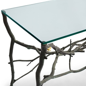 Saleem international 2026 Luxury Upholstered <b>Table</b> with Gold Metal Ginkgo Leaf Base <b>Decorative</b> Entryway or Bedroom Seating - Product Image 2