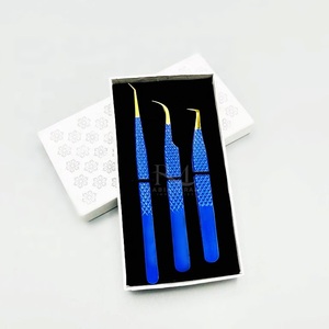 Gold Plasma Tip And Blue Color Stainless Steel Eyelash Tweezers Diamond grip 3 different Point And card <b>box</b> Packing Tweezer Set - Product Image 2