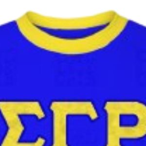 เสื้อยืด Sigma Gamma Rho สีน้ำเงิน เหลือง ดำ ลายตัวอักษรผ้าซาติน สำหรับผู้หญิง ชมรมพี่น้องชาวกรีก แต่งขอบตัดกัน แขนสั้น สไตล์ลำลอง สำหรับวิทยาลัย - Product Image 5
