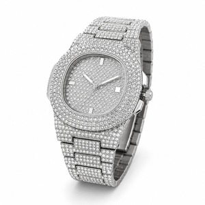 Montre de luxe unisexe en acier inoxydable, cadran et bracelet sertis de diamants, affichage analogique à quartz - Product Image 3