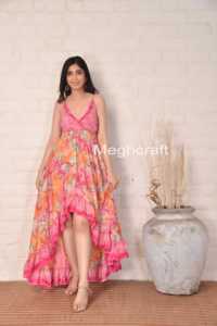 Elegant Bohemian Spaghetti Style Silk High Low Maxi <b>Dress</b> for Women Floral Printed Summer <b>Dress</b> for Casual Party Bulk Export - Product Image 6