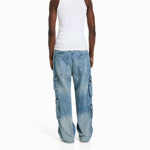 Pantalones Cargo de Mezclilla Lavada para Hombre, Corte Recto, Cintura Media, Color Sólido, Estilo Casual Urbano, Otoño, con Botones y Tejido - Product Image 3