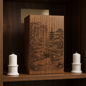 Wooden <b>Memorial</b> Urn Decorative Cremation Keepsake <b>Box</b> Carved Landscape Funeral Supply - Product Image 4