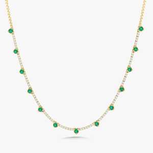 Collier tennis émeraude verte et diamant, chaîne superposée classique avec diamants de laboratoire ronds, bijoux de luxe en or massif 14K 18K, vente en gros - Product Image 1