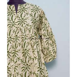 Haut maxi en coton imprimé à la main pour femmes, confortable, respirant, écologique, aux designs élégants, style bohème, motifs floraux japonais pour filles - Product Image 2