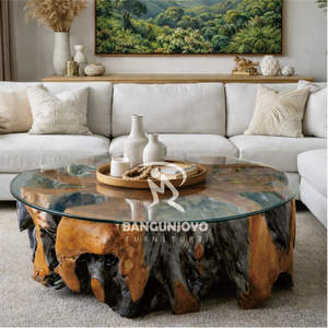 Mesa de Centro Redonda Moderna con Raíces de Madera de Teca y Diseño Combinado con Tapa de Vidrio para Sala de Estar, Muebles para el Hogar - Product Image 1