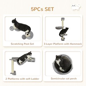 Set di 5 Mensole da Parete Ecologiche per Gatti con Amaca, Posti di Riposo e Scala Tiragraffi - Struttura per Arrampicata per Gatti in Confezione di Cartone - Product Image 5