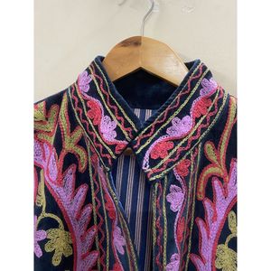 Hand Embroidered <b>Velvet</b> Knitted Cotton <b>Jacket</b> <b>Women</b> Mandarin Collar Full Sleeve Floral Pattern Open Front Prairie Winter/Spring - Product Image 3