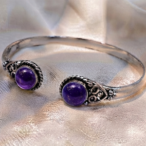 Signature <b>Amethyst</b> Twin Cabochon Open Cuff <b>Bracelet</b> Handmade Silver Plated Brass Jewelry - Product Image 4