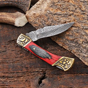 มีดพับเหล็กดามัสกัส ด้ามไม้ปักก้า ปลอกหนัง รับผลิตแบบ ODM OEM สำหรับพกพา EDC ล่าสัตว์ ตั้งแคมป์ ระดับอุตสาหกรรม - Product Image 5