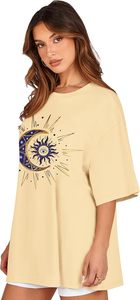 เสื้อยืดสีเหลืองโอเวอร์ไซส์สำหรับผู้หญิง พิมพ์ลายดวงอาทิตย์และดวงจันทร์ ทรงปกติ ผ้าฝ้ายเจอร์ซีย์ทรงหลวม แขนสั้น คอกลม เสื้อฤดูใบไม้ผลิและฤดูร้อน - Product Image 2